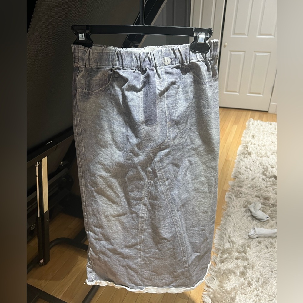 Elegant Gray Midi Skirt . Fake denim style